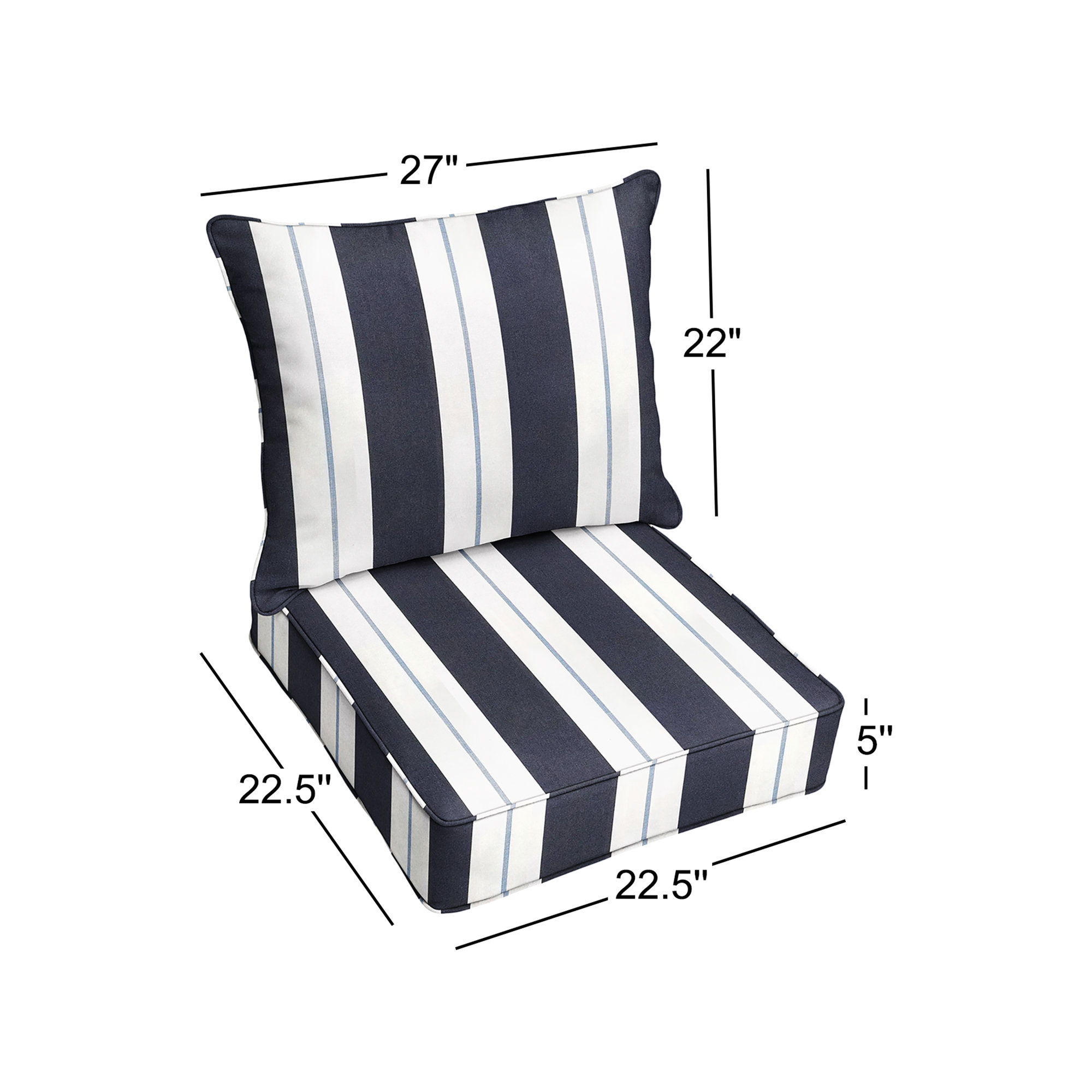 Deana Indoor/Outdoor Sunbrella Seat/Back Cushion Set, 22.5" W x 22.5" D, Navy Stripe Sunbrella®