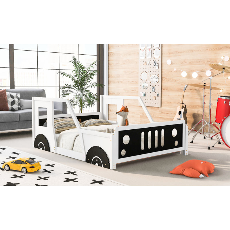 Lit plateforme blanc en forme de voiture avec roues, en bois de pin pleine grandeur et avec roulettes, Lit double, Blanc