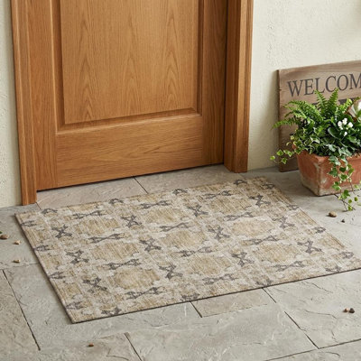 Tapis extérieur lavable antidérapant beige et gris à motif de médaillons 2 pi x 3 pi