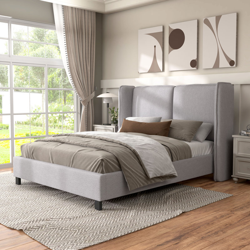 Upholstered Wingback Bed, Light Gray