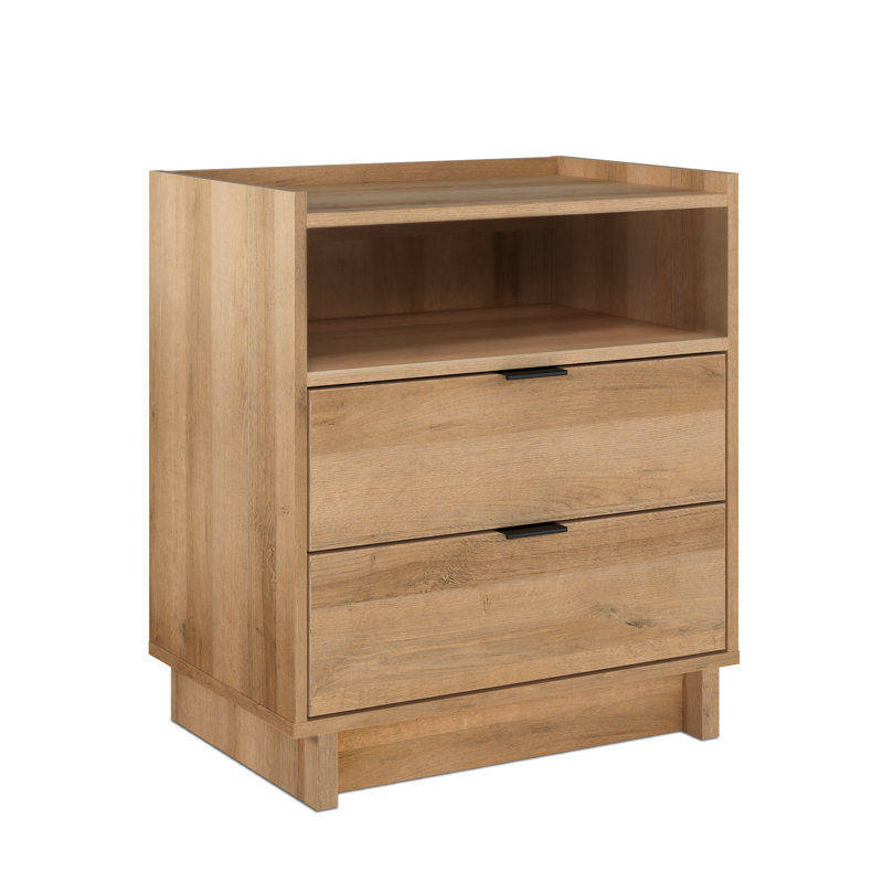 Chaunta 23.75'' Wide 2-Drawer Nightstand with Open Shelf,  Modern Bedside Table, End Table Storage for Bedroom, Living Room, Office, 23.75" W x 26.75" H x 16" D, Natural Oak