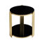 Table de bout moderne de 16,9 pouces, table de chevet, table de salon en verre trempé noir à double couche et cadre en acier inoxydable doré, table ronde, assemblage facile.