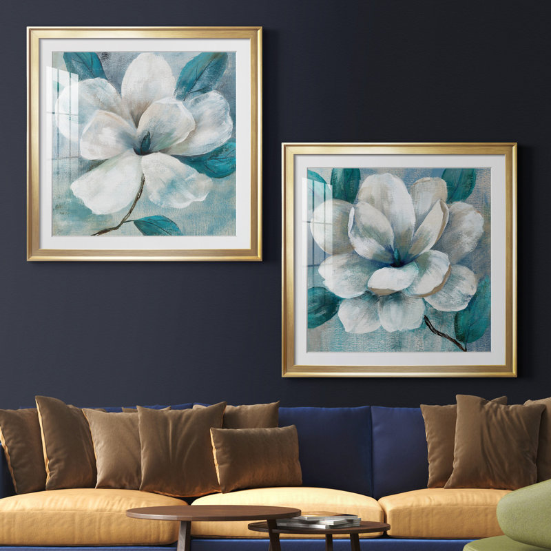 Bleu sarcelle Magnolia I - ensemble de 2 reproductions d'art encadrées, H 34,5 po x l 69 po x P 1,5 po, Papier encadré doré