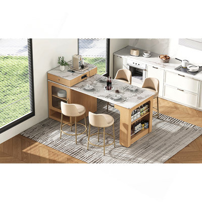 59.5"Kitchen Island With Extendable Dining Table, Kitchen Storage Table With Double-Sided Storage, Kitchen Island With 2 Drawers, Power Outlet, Side O