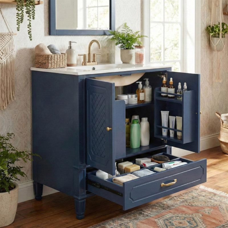 [Vidéo] Meuble-lavabo de 30 po avec lavabo style rétro, espace de rangement multifonctionnel, tablette de porte, porte à fermeture douce