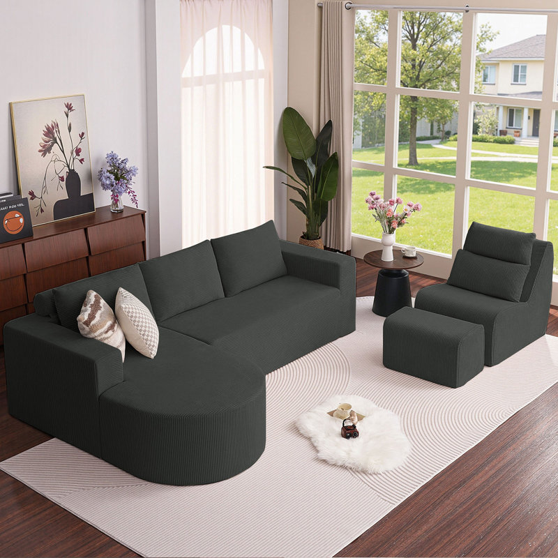 104.92" L-Shaped Corduroy Compression Sectional Sofa Set with Compression Lounge Chair & Ottoman, Dark Gray