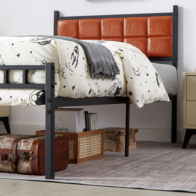 Nirvaan Vegan Leather Metal Platform Bed, Brown