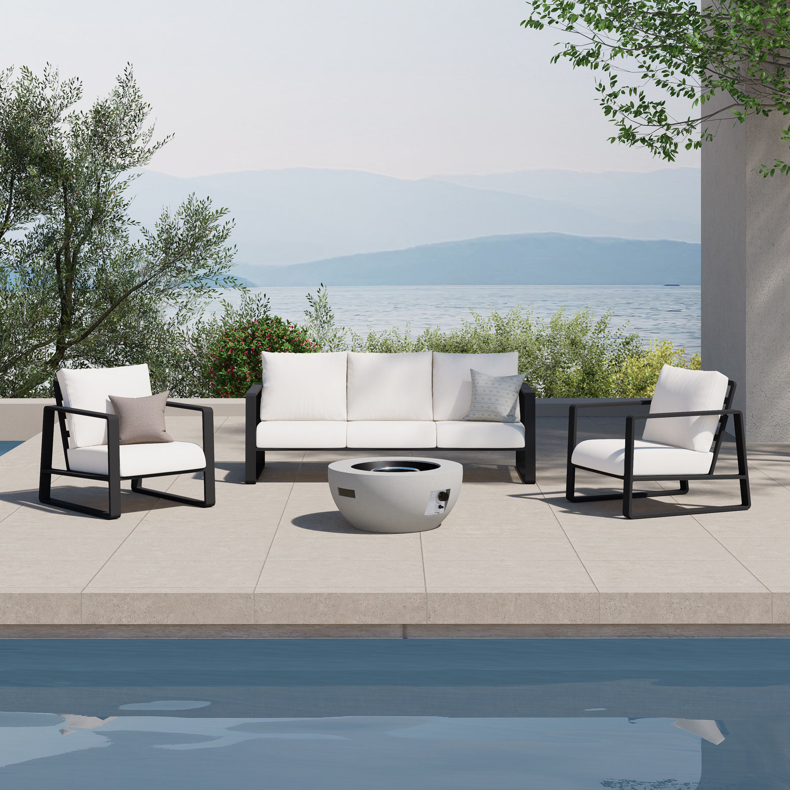 Leanna Outdoor Seating Group with Round Fire Pit Table, 2, No
