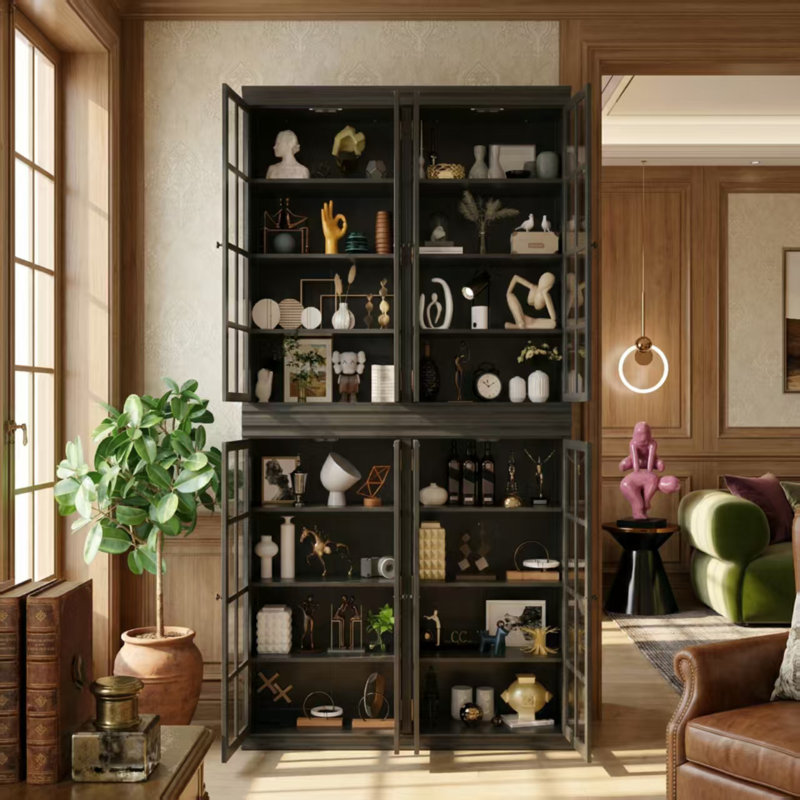 94.9"H x 47.2"W 8-Tier Display Cabinet with 8 Glass Doors, Black