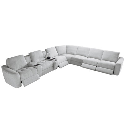 Upholstered Power Motion Modular 9-Piece 4-Recliner L-Sectional, with Wireless Charging & USB ports & Storage