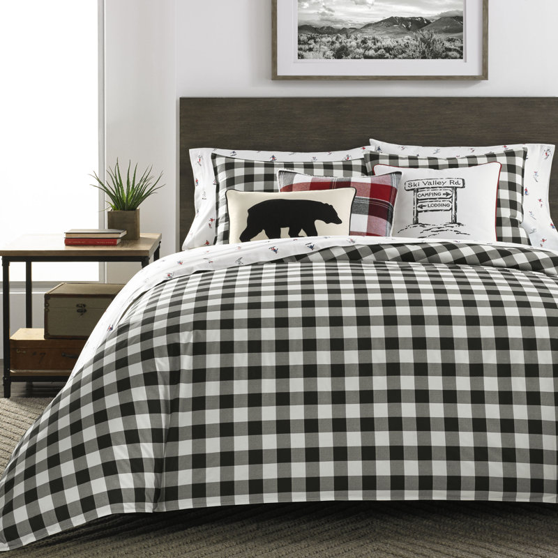 Twin Black and White Cotton Plaid Duvet Cover Set