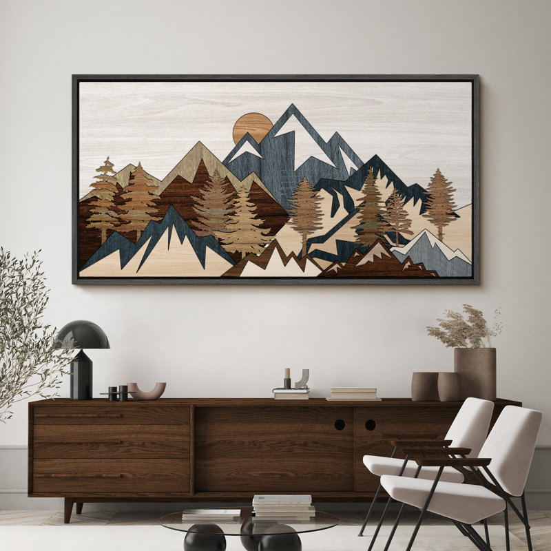 «Western Wood Effect Landscape Geometric Mountain Landscape», incrustation en bois sur toile, H 30 po x l 60 po