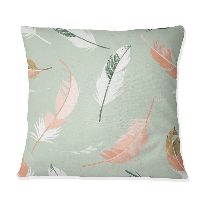 Plumes roses et vertes de Bohème II - coussin Boho, H 16 po x l 16 po, Carrée