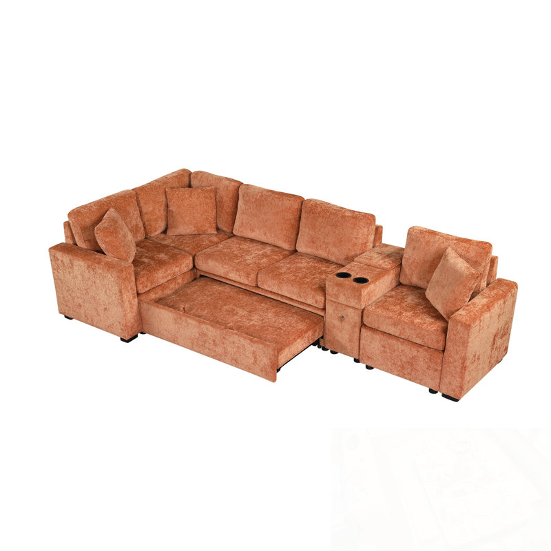 Canapé modulaire en L avec lit escamotable, porte-gobelets et grand espace de rangement, Orange