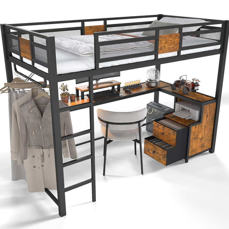 Lit mezzanine simple en métal noir TG avec bureau d'étude et tiroirs de rangement en tissu, zone de configuration de sommeil silencieux, réduction du bruit pour