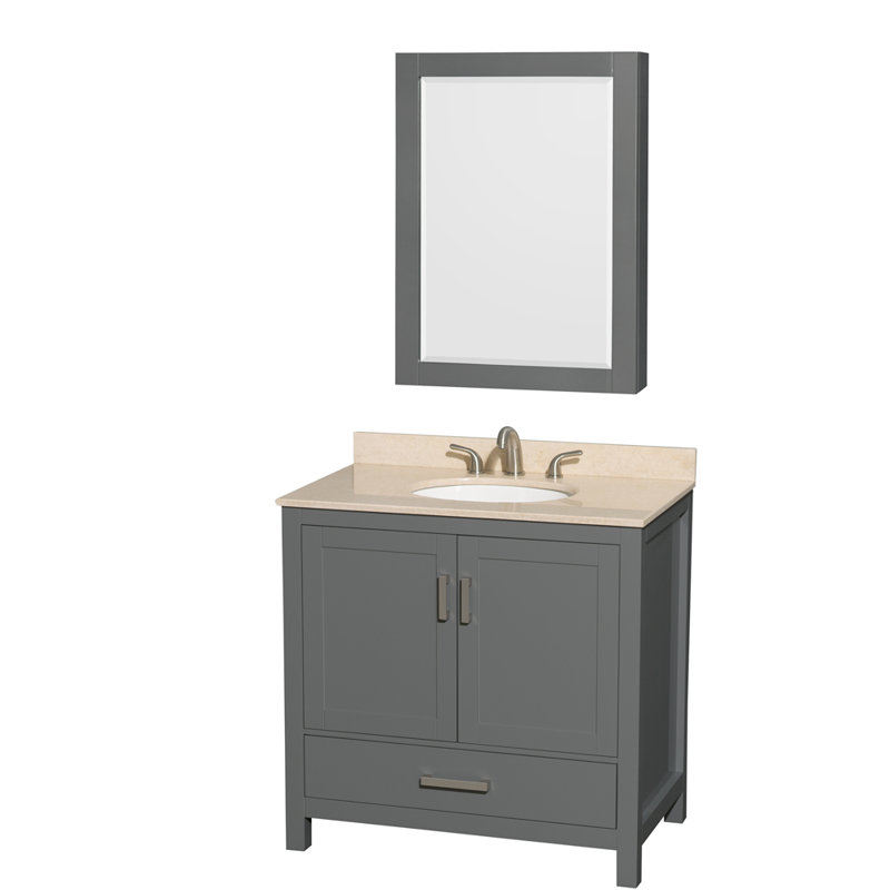 Sheffield 36" Single Bathroom Vanity Set with Mirror, White Carrara Marble, Dark Gray, Single Hole
