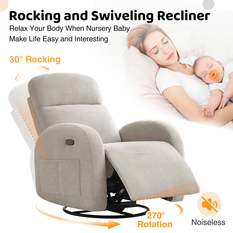 Delba Fabric Swivel Rocker Power Recliner, 270° Swivel Nursery Glider Recliner with USB & Type-C Port, Camel Chenille, No