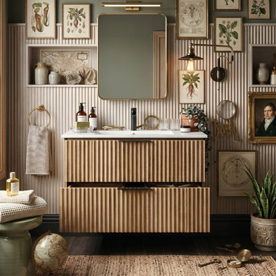 Meuble-lavabo mural 30/36 po avec lavabo en céramique, armoire à panneau de grain de bois cannelée 3D moderne avec glissières à fermeture douce, chêne doré