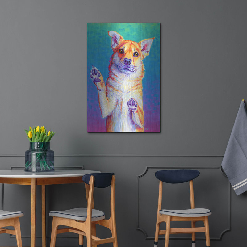 «Cute Rainbow Dog» par Rebecca Wang, art mural en métal, H 36 po x l 24 po