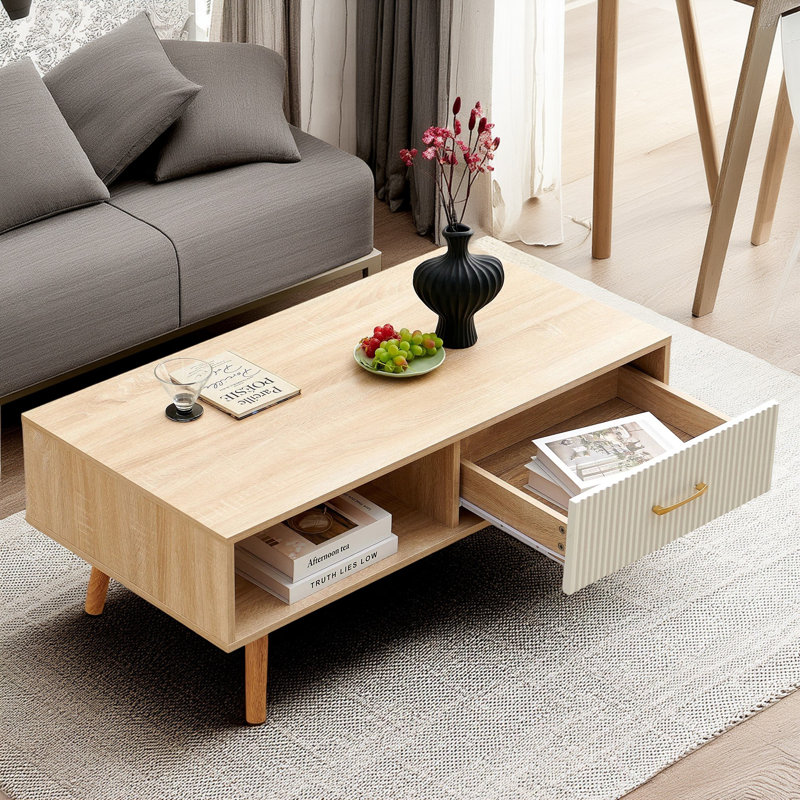Table basse rectangulaire avec pieds, tiroir coulissant pour le rangement, table moderne pour le salon, bois naturel