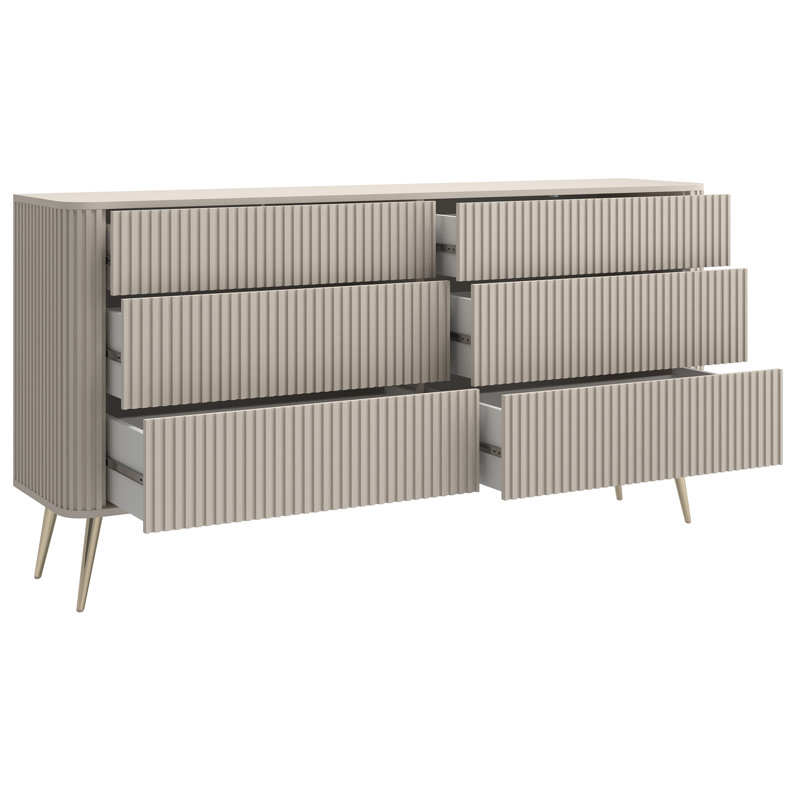 Chest of Drawers with Fluted Fronts and Six Drawers, Beige/Gold