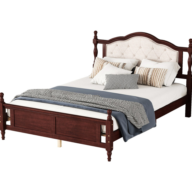 Grand lit avec tête de lit tapissier confortable et bois de pin massif cerisier