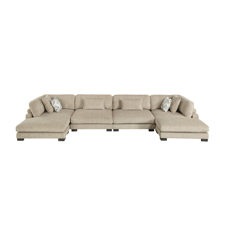 Canapé modulaire contemporain brun en microfibre 4 pièces avec méridienne et coussins confortables