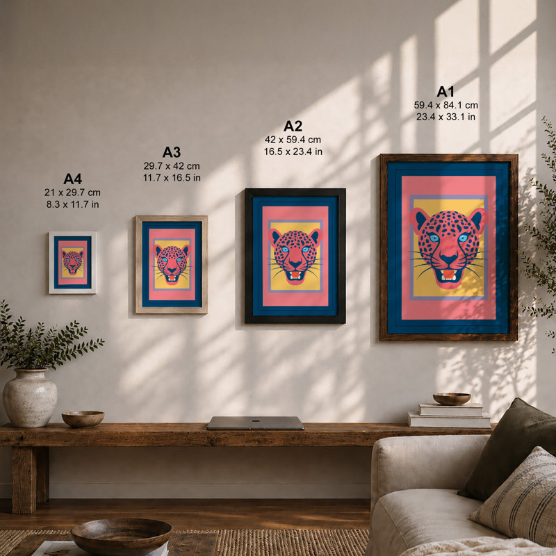 Bold Leopard Pop Art - Framed Print, A2 - 59.4 x 42.0 cm, Oak