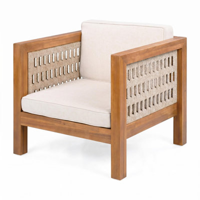 Fauteuil club d'extérieur en bois d'acacia, assise de patio avec accoudoirs en corde tissée beige et coussins amovibles, capacité de poids de 400 lb