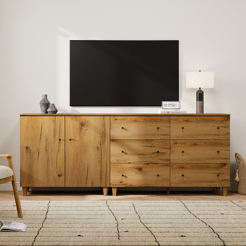 Meuble télé 2 en 1 avec 2 portes et 6 tiroirs pour téléviseurs de 85 pouces et plus, Chêne 