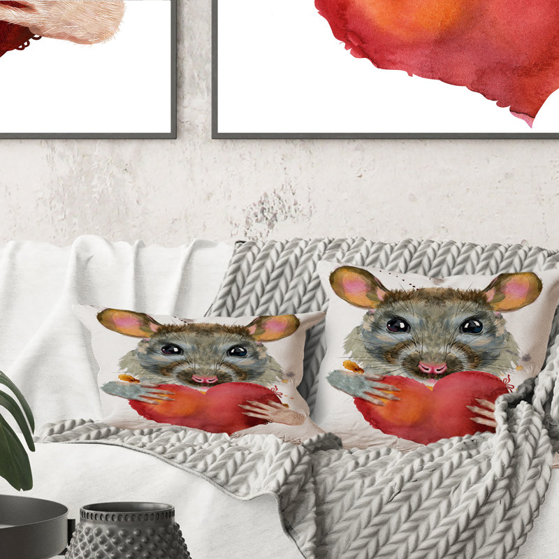 Portrait de rat avec cœur rouge - Coussin décoratif traditionnel imprimé 1