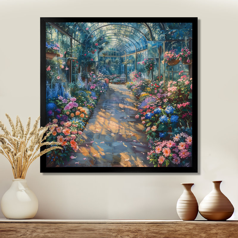 Jardin rose et vert Eden Greenhouse I - Art mural, H 16 po x l 16 po, Cadre pour photo simple noir, bois massif