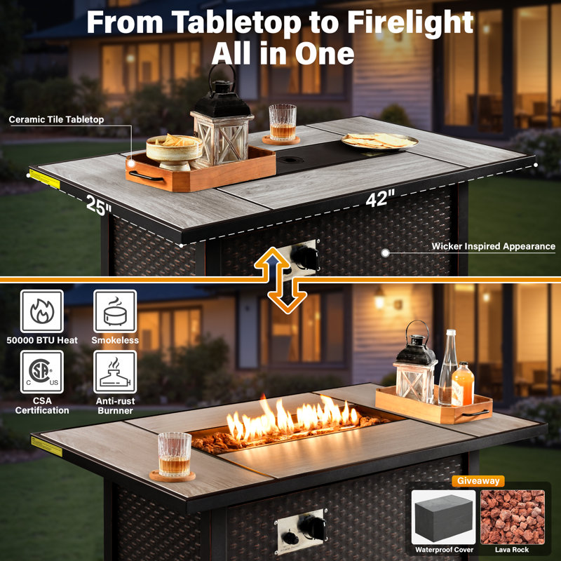 5-Piece All-Weather Wicker Patio Furniture Set With 42” Fire Pit Table, Deep Seating Sofa & Swivel Rocker Chairs For Backyard, Patio & Poolside Evenings