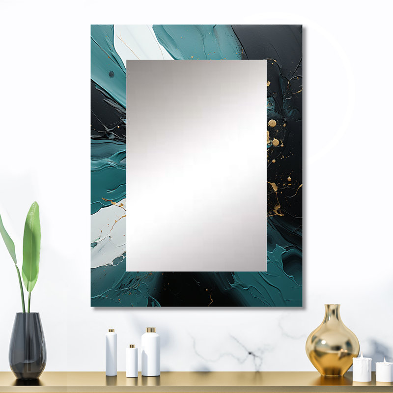 Or et vert cascade de marbre blanc III - peinture abstraite miroir décoratif, miroir mural doré, impression sur métal