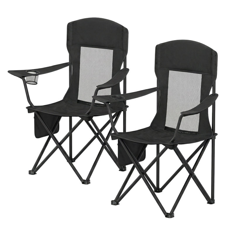 Ensemble de 2 chaises de camping pliables, avec dossier haut, accoudoirs ajustables et porte-gobelet., Noir