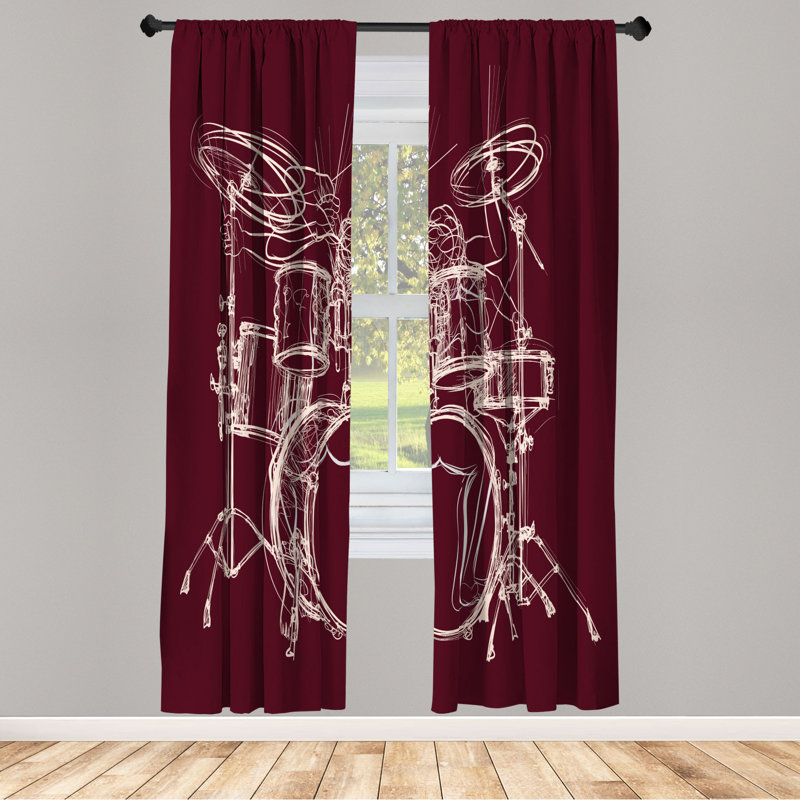 Microfiber Floral Semi-Sheer Rod Pocket Curtain Panels, 28" W x 84" L, Dark Red/White