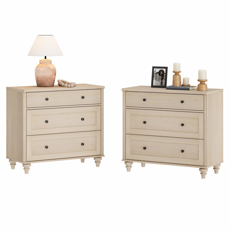 Scarlett Mid-Century Modern 3-Drawer Nightstand, Set of 2, Beige