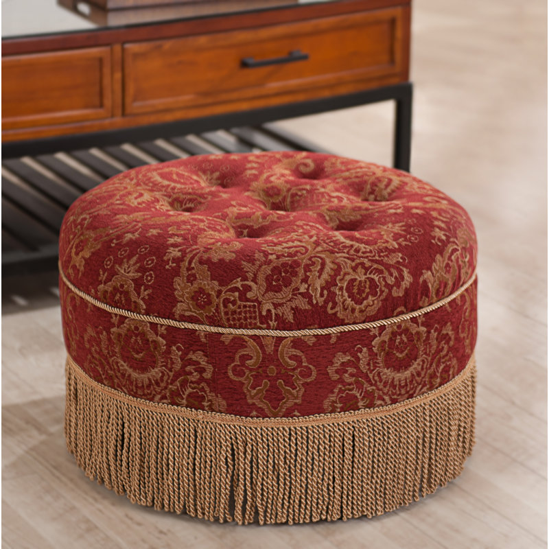 Neptune Upholstered Ottoman, Red Damask Jacquard/Gold Trim
