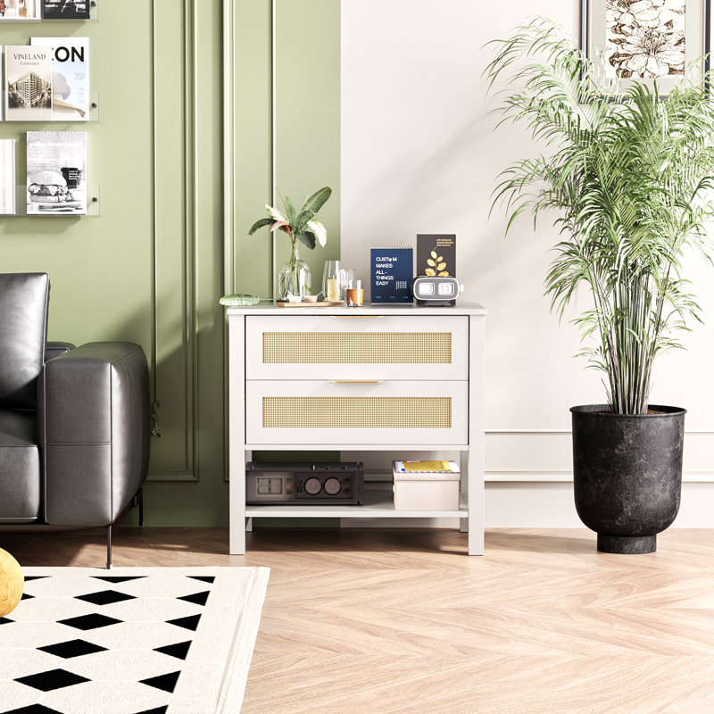 2-Drawer Rattan Nightstand With Storage Shelf, Boho Bedside Table And Narrow Side Table For Bedroom | Gift Idea, White