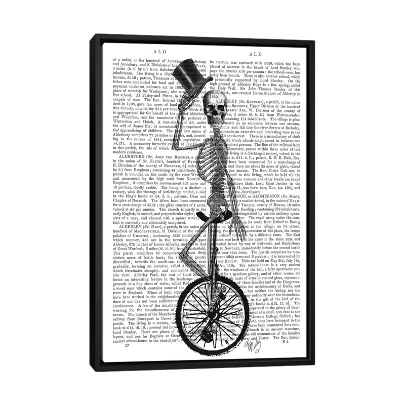 « squelette on unicycle », impression sur toile, H 26 po x l 18 po x P 1,5 po, Toile avec cadre noir, Pas de tapis