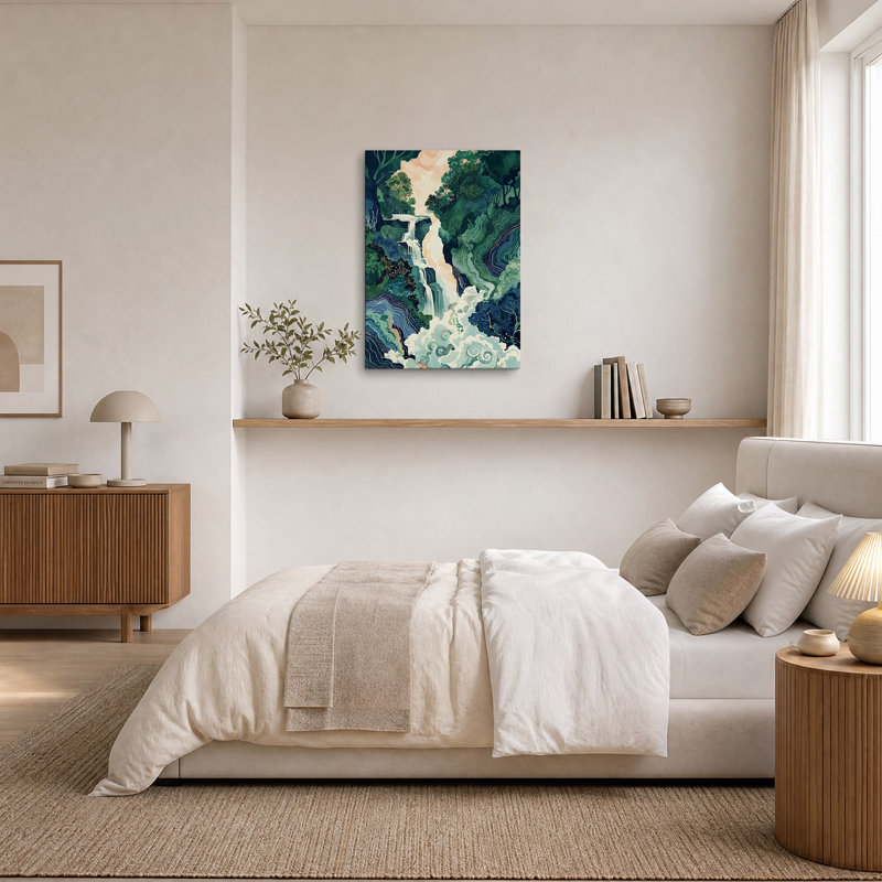 Tableau sur toile représentant une cascade stylisée dans une forêt verdoyante, H 40 po x l 28 po