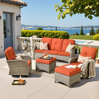 Ensemble de mobilier de patio pour 7 personnes avec chaise berçante pivotante, ensemble de conversation à haut dossier en osier avec coussins, ensemble de conversation toutes saisons pour jardin
