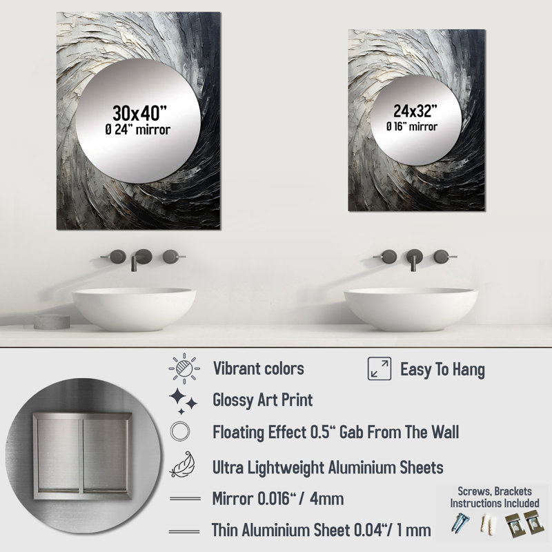 Mouvement méditatif gris Leechburg - miroir mural spirales abstraites, miroir décoratif gris, 40 po x 30 po