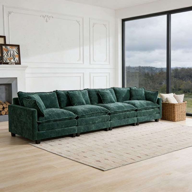Cloud Sofa 4 Seats (Ottoman Is Not Included), Modern Sectional Couch, For Living Room Bedroom And Apartment, Comfy Double Layer Upholstered Seat Cushion, Breathable Chenille Fabric, Green,SW5014GN