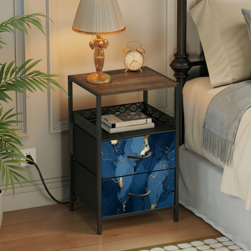 Table de chevet 2 tiroirs avec station de charge, table de chevet de chambre à coucher avec ports USB et prises ouvertes - tablette noire
