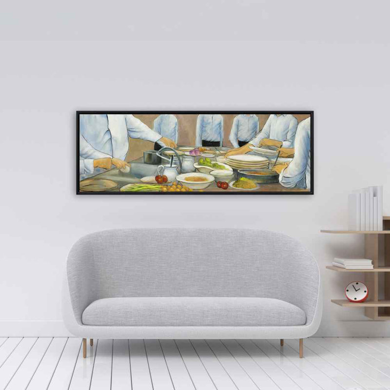 Cook Chefs at Work Framed Canvas | Kitchen Contemporary Decor, 17.25" H x 49.25" W