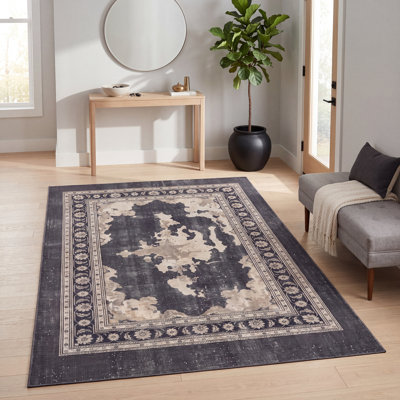 Tapis Calamint moderne vieilli, uni gris et noir, antidérapant, à poils courts, pour l'intérieur et l'extérieur, adapté aux animaux de compagnie, salon, chambre, salle à manger, entrée, couloir, bureau, lavable