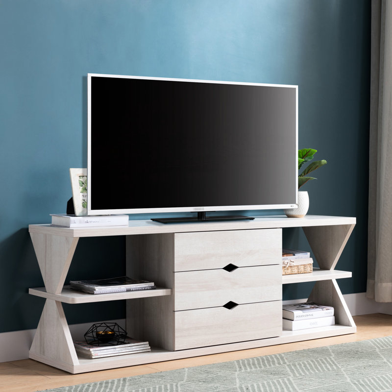 Modern TV Stand With Open Shelves And Storage Drawers For A Stylish And Organized Entertainment Setup.