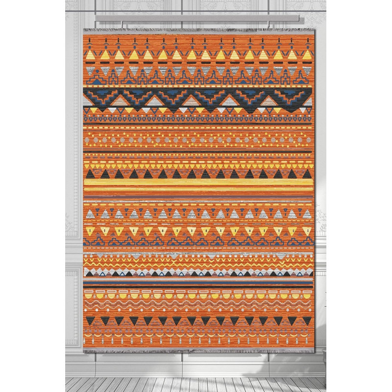 Ethnic Pattern Orange Machine Washable Rug, Rectangle 3'11" x 5'11" Rug Pad Included