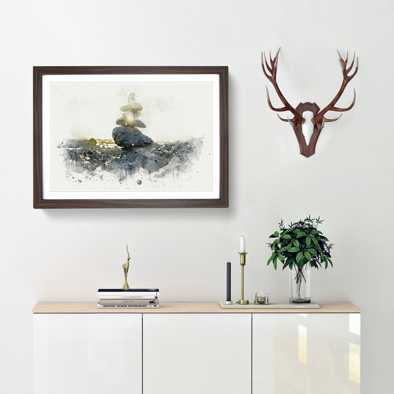 Rock Cairns with Sunlight in Abstract - Picture Frame Graphic Art Print, 35cm H x 50cm W x 2cm D, Walnut